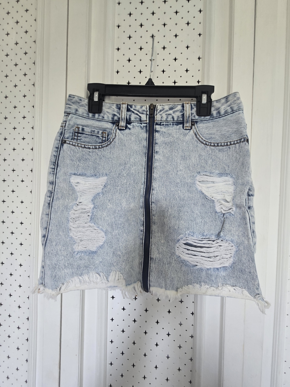 Forever 21 Light Blue Distressed Denim Mini Skirt with Front Zip